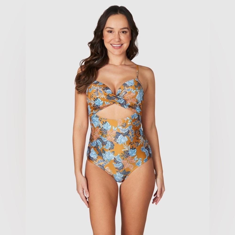 NIP TUCK Gold & Blue Twist-Front Cutout One Piece Monokini Swimsuit Sz 8 B/C Cup